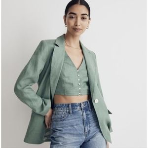 Madewell Trellis Green Linen Larsen Blazer, Crop Vest, and Harlow Pant Set